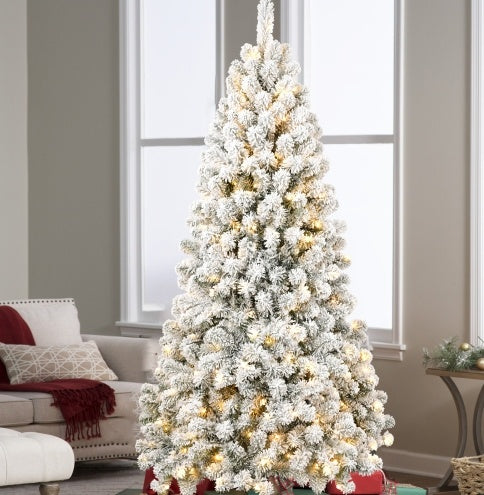 5FT Pre-lit Flocked Christmas Tree With 498 Memory Wire Tips  Effortlessly Fluffed, Perfectly Shaped, And Lit With 200 Warm Incandescent Lights Bringing Lasting Elegance And Wase To Your Holiday