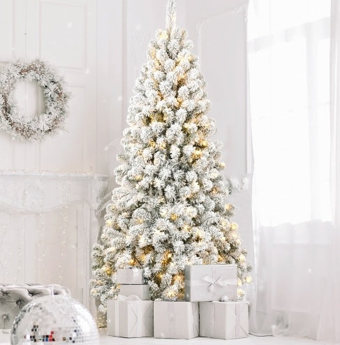 5FT Pre-lit Flocked Christmas Tree With 498 Memory Wire Tips  Effortlessly Fluffed, Perfectly Shaped, And Lit With 200 Warm Incandescent Lights Bringing Lasting Elegance And Wase To Your Holiday