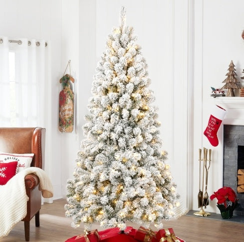 5FT Pre-lit Flocked Christmas Tree With 498 Memory Wire Tips  Effortlessly Fluffed, Perfectly Shaped, And Lit With 200 Warm Incandescent Lights Bringing Lasting Elegance And Wase To Your Holiday