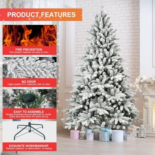 5FT PE&PVC Flocked Artificial Christmas Tree ,With 768 Branch Tips And Metal Stand,Foldable Fake Tree With Realistic Snowy Foliage For Home Decoration